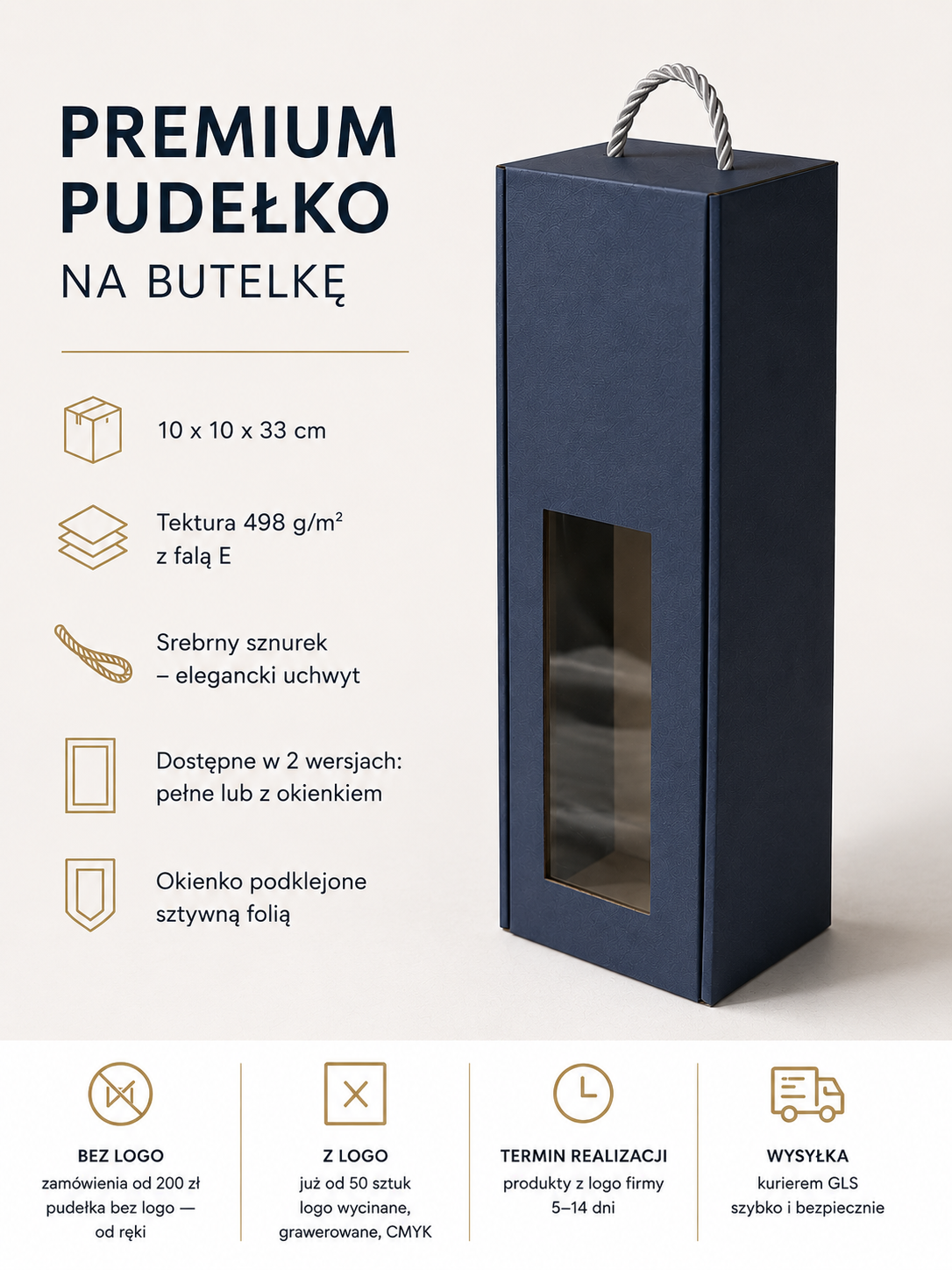 Premium pudełko na wino – infografika z parametrami: wymiary 10x10x33cm, tektura 498g/m², srebrny sznurek, wersja pełna i z okienkiem